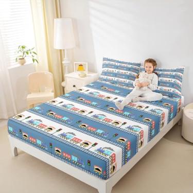 Imagem de Erosebridal Jogo de lençol solteiro com desenho animado de caminhão, trem kawaii, motor a vapor kawaii, nuvens azuis, lençol com elástico para quarto de crianças (sem parte de cima/lençol de cima)