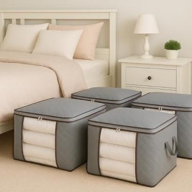 Imagem de Organizador Kit 4 Bolsas Organizadoras de Tecido Multiuso com Alças Zíper e Visor Transparente Guarde Roupas de Cama Brinquedos Sapatos e Mais (Cinza, Kit 4 Bolsas - 60x40x35cm)