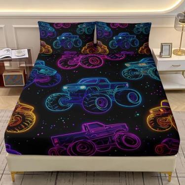 Imagem de AILONEN Jogo de cama solteiro, caminhão monstro infantil, estampa de caminhão neon e 2 fronhas, desenho animado de caminhões de quarto, 3 peças para meninos e meninas