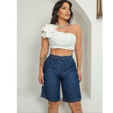 Imagem de Bermuda jeans feminina com elástico 100% algodão c/bolsos tecido leve 