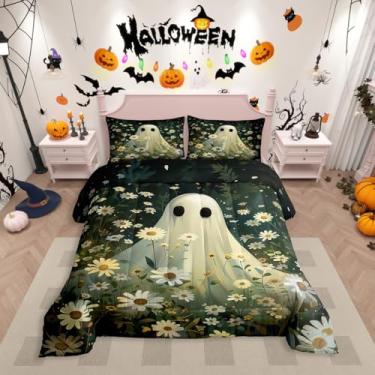 Imagem de Erosebridal Jogo de cama solteiro com tema de Halloween, fantasma, fofo, engraçado, edredom para crianças, meninos, meninas, amarelo, branco, margaridas, edredom com estampa floral