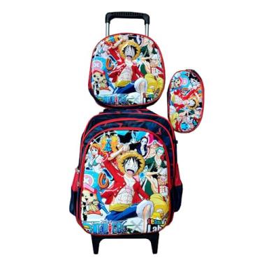 Imagem de Kit Mochila Escolar com Rodinhas Infantil Personagem Anime em 3D + Lancheira Térmica + Estojo Menino em Alto Relevo