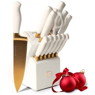 Imagem de Conjunto de Facas Revestidas de Titânio com Bloco de Bancada e Afiador Embutido, 14 Peças, STYLED SETTINGS, Branco e Dourado