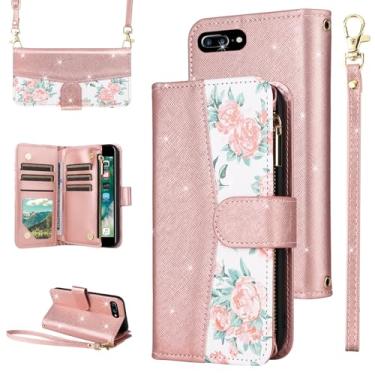 Imagem de Furiet Capa carteira floral para iPhone 7 Plus, 8 Plus, 7/8 Plus, com zíper, alça de pulso/ombro, suporte para cartão de couro PU, capa para celular para iPhone 7s 7s + 7+ 8s 8+ Phones8 7p 8p feminino