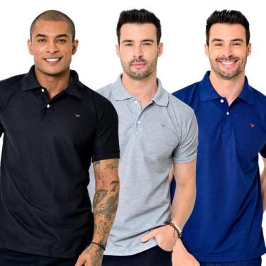 Imagem de Kit 3 Camisas Gola Polo Masculina Piquet Lisa Camisaria Colombo Azul M
