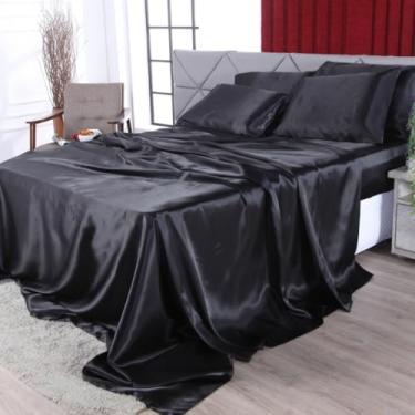 Imagem de Conjunto de Cama Cetim 4 peças Charmousse Premium Tamanho Casal Padrão Queen e King(Preto,Casal)
