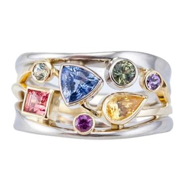 Imagem de LadayPoa Anel de dois tons, anéis coloridos de zircônia cúbica arco-íris para mulheres, vintage ouro e prata banda larga boho clássica geométrica eternidade empilhável joia empilhável, Metal, Zircônia