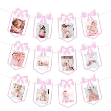 Imagem de Faixa de foto de arco de 12 meses, faixa de registro de crescimento de arco rosa marco mensal grinalda de primeiro aniversário decorações para bebês de recém-nascido a 12 meses