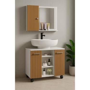Imagem de Armário Para Banheiro Kit Completo Gabinete Para Pia De Coluna Com Rodízios + Espelheira Com Prateleira (BRANCO/RIPADO)