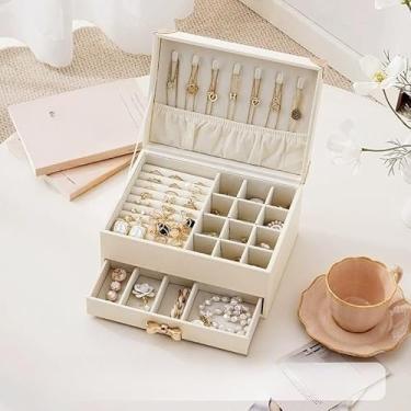 Imagem de Porta-Joias Feminino 3 Andares com Fechadura – Couro Sintético Luxo com Espelho e Compartimentos para Relógios, Brincos, Anéis e Colares (BRANCO/2029)