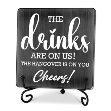Imagem de Placa de bar de 10 cm, The Drinks Are On Us! Felicidades! Decoração de mesa de bar, presentes para colegas, chefes e amigos, decorações de bares e pubs, decorações e acessórios para chá de panela de