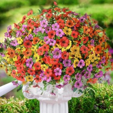 Imagem de 8 pacotes de flores artificiais para decoração de casa de jardim interno ao ar livre, flores artificiais com folhas de eucalipto, plantas falsas, vegetação, buxo, varanda, pátio, cores mistas
