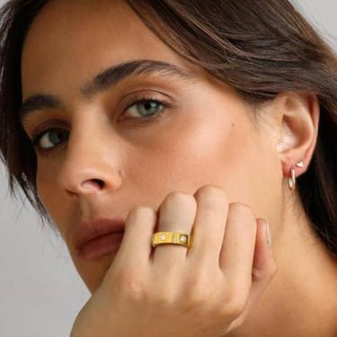 Imagem de Anel feminino banhado a prata/preto/ouro zircônia cúbica brilhante tamanho 7-11 anel de noivado aliança de casamento, 09, Aço inoxidável, Sem pedra preciosa