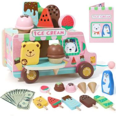 Imagem de Carrinho de sorvete de madeira XIAPIA Playset para crianças de 1 a 3 a