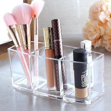 Imagem de Organizador de maquiagem com padrão de diamante de 3 seções de 15 x 6 x 7 cm, para pincéis, delineadores, batons, armazenamento de cosméticos