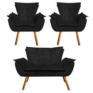 Imagem de Kit 01 Namoradeira 02 Poltronas Opala Suede Preto Pés
