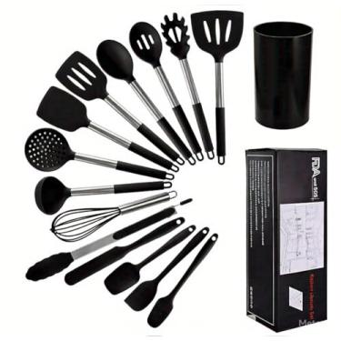 Imagem de Conjunto de utensílios de cozinha, utensílios de cozinha de silicone de 15 peças com suporte, preto