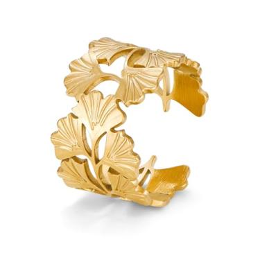 Imagem de GREICHFAN Anel de folha banhado a ouro 18 k para mulheres de aço inoxidável joias ajustáveis de outono, Medium, Metal, Sem pedra preciosa