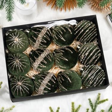 Imagem de Hismir Enfeites de árvore de Natal de veludo de 8 cm, conjunto de 12 bolas de Natal a granel com padrão dourado pintado à mão, enfeites de plástico inquebráveis para pendurar em guirlanda de árvore