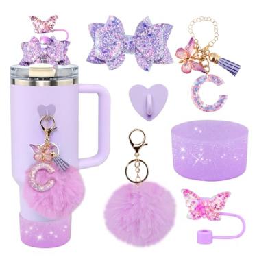 Imagem de Conjunto de 6 peças de acessórios de copo Stanley roxo - tampa de cobertura de palha de borboleta, laço brilhante para canudo, bota de silicone brilhante, pingente de letra e pompom para copos satnley
