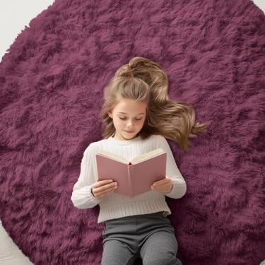 Imagem de OLANLY Tapetes redondos bordô para quarto – Lavável na máquina, tapetes circulares de 1,5 m para sala de estar, tapete felpudo macio e fofo para meninas e meninos, quartos de berçário, dormitórios