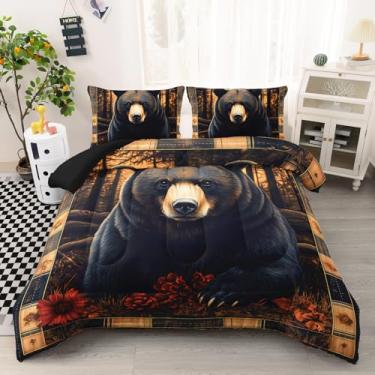 Imagem de AILONEN Conjunto de edredom de urso preto, tamanho casal, caça, floresta, vida selvagem, rústico, com 2 fronhas, 3 peças