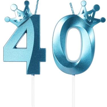 Imagem de Velas azuis de aniversário número 40, topo de bolo feliz de 40 anos, vela de aniversário com número de coroa 3D, 40 meninos e meninas, decorações de aniversário, decoração de topo de bolo azul