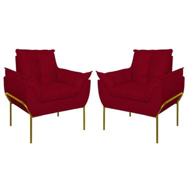 Imagem de Kit 02 Poltronas Base Metal Dourada Sala Quarto Balaqui Decor Vermelho