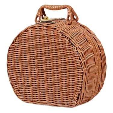 Imagem de SiaBiced Cesto de armazenamento trançado, bolsa de transporte multiuso redonda, mala elegante, leve e prática com alça, bolsa de mão trançada, Pequeno