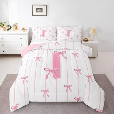 Imagem de jejeloiu Conjunto de edredom com laço rosa para todas as estações, com 1 fronha, letra I, microfibra, roupa de cama de solteiro, kawaii, laços coquetes, decoração de quarto, edredom com monograma