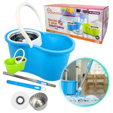 Imagem de Mop Giratório Balde Cesto Inox Escovão Com 1 Refis Esfregão De Limpeza Cabo Flash