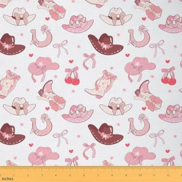 Imagem de Cowgirl Boots Cap Fabric by The Yard, Western Tribal Horseshoe Starry Pink White Decorative Fabric for Upholstery and DIY Project, Cute Cherry Bow Princess Bowknot Fabric Squres, 3 metros 274.3 cm C x