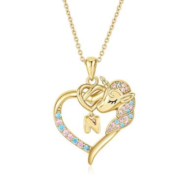 Imagem de Fezodo Colares de unicórnio para meninas adolescentes - Colares coloridos de zircônia cúbica banhada a ouro 18K com inicial de coração para mulheres, joias de ouro, presentes de unicórnio de