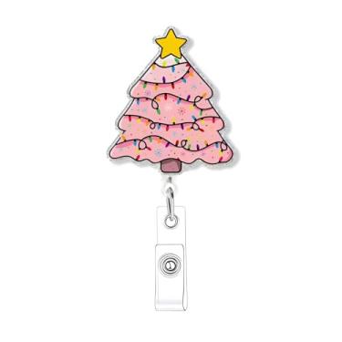 Imagem de Carretel de crachá de Natal rosa porta-crachá de árvore de Natal clipe retrátil engraçado carretel de crachá de enfermeira com clipe jacaré rosa porta-crachás retráteis de Natal para enfermeiras