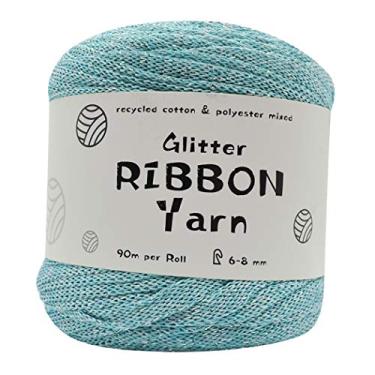 Imagem de Fita de algodão, fio de fita Outgeek multiuso glitter feito à mão fio de crochê para artesanato, Lake Blue