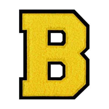 Imagem de 1 PÇ Patch de letra de chenille amarelo de 11,4 cm com borda preta – Remendos do alfabeto para roupas, jaquetas, mochilas, chapéus para decoração personalizada, nome personalizado e artesanato. (B)