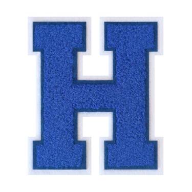 Imagem de 1 Patch de letra de chenille azul de 11,4 cm com borda branca – Adesivos do alfabeto para roupas, jaquetas, mochilas, chapéus para decoração personalizada, nome personalizado e artesanato. (H)