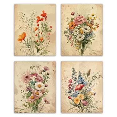 Imagem de Conjunto de 4 impressões de pôsteres de flores silvestres, flores boêmias, decoração de arte de parede para quarto, sala de estar, quinta, estética, vintage, botânica, impressões, decoração para