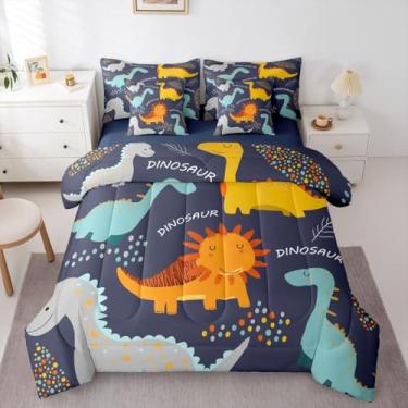 Imagem de Feelyou Conjunto de edredom de dinossauro fofo com lençol de 7 peças, solteiro, dinossauro, para crianças, meninos, meninas, animais selvagens, dinossauros, azul escuro, decoração de quarto