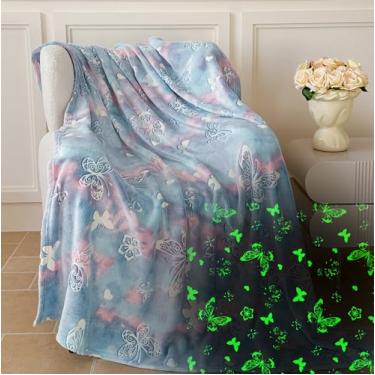 Imagem de Cobertor de borboleta que brilha no escuro para crianças – flanela grossa de 280 g/m2, manta aconchegante super macia, cobertor brilhante divertido para meninos e meninas, presente de aniversário para