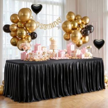 Imagem de Toalhas de mesa retangulares de cetim preto de 1,2 m - Capa de mesa de festa de elastano brilhante com saia de mesa plissada, toalha de mesa de casamento sem rugas e brilhante, peça única para
