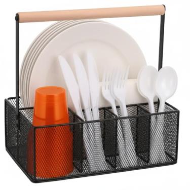 Imagem de FoldTier Organizador de pratos de papel com alça para bancada, utensílio de metal, talheres, suporte de talheres para prato de papel, garfo, colher, copo, guardanapo, suprimentos de festa, acampamento