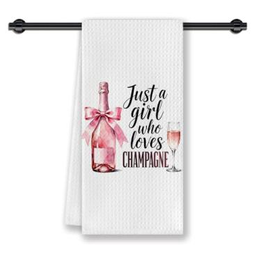 Imagem de CosxHabitat Coquette Toalha de prato de cozinha de champanhe com laço rosa, presentes para amantes de champanhe, presentes de bebida para mulheres, toalhas de chá decorativas de mão para carrinho de