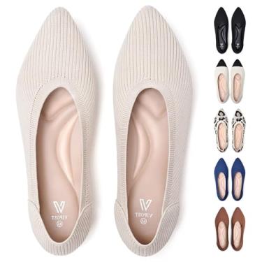 Imagem de Vipost Sapatilhas de balé de malha para mulheres, bico fino dobrável sem cadarço - Sapatilhas leves e respiráveis elegantes para trabalho, viagens, casamento, Bege, 6.5 Wide