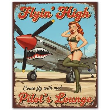 Imagem de ZUKIY Flyin' High Pilot Lounge - Arte de parede Pinup Girl - Pôsteres militares vintage - Decoração Ww2 - Pôster sem moldura 20 x 25 cm para homem Cave Lounge Office Bar - Presente de impressão estilo