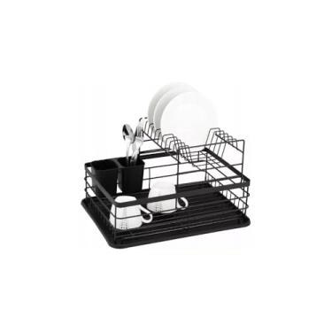 Imagem de Escorredor de Louças Duplo em Metal, Preto Fosco, 2 Andares com Suporte para Talheres, 22x29x39cm, Bandeja Coletora, Estrutura Resistente para Cozinha