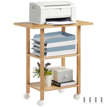 Imagem de Lerliuo Suporte de impressora de 3 níveis com armazenamento, mesa de impressora para escritório doméstico, prateleira de carrinho de impressora de madeira com rodas bloqueáveis para aparelho de fax