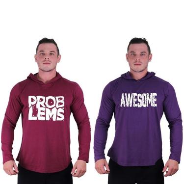 Imagem de Kit 2 Camisetas Manga Longa com Touca Longline Estampada Treino Academia Lazer Casual-Masculino