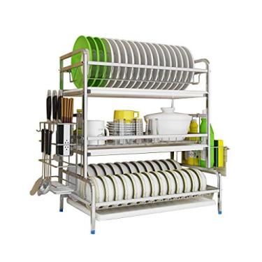 Imagem de BSNANCA Escorredor de louça, escorredor de pratos de 3 camadas com suporte de utensílios, suporte de tábua de corte e escorredor de pratos para bancada de cozinha, secador de pratos de aço inoxidável