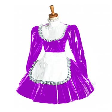 Imagem de Vestido feminino plus size bufante manga comprida avental de renda PVC Wetlook Maid fantasia, rosa roxo, GG